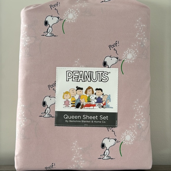 NEW Peanuts Snoopy Spring Poof dandelion flower Pink mauve QUEEN Size Sheet Set - Picture 1 of 7
